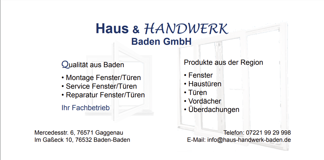 Haus & Handwerk Baden. - Fenster, Türen, Haustüren, Vordächer, Überdachungen und mehr: Qualität aus der Region mit Montage, Reparatur, Service ...